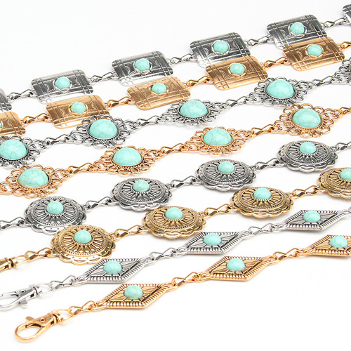 European and American fashion retro metal pattern waist chain women's versatile dress suit accessories agate stone decorative belt