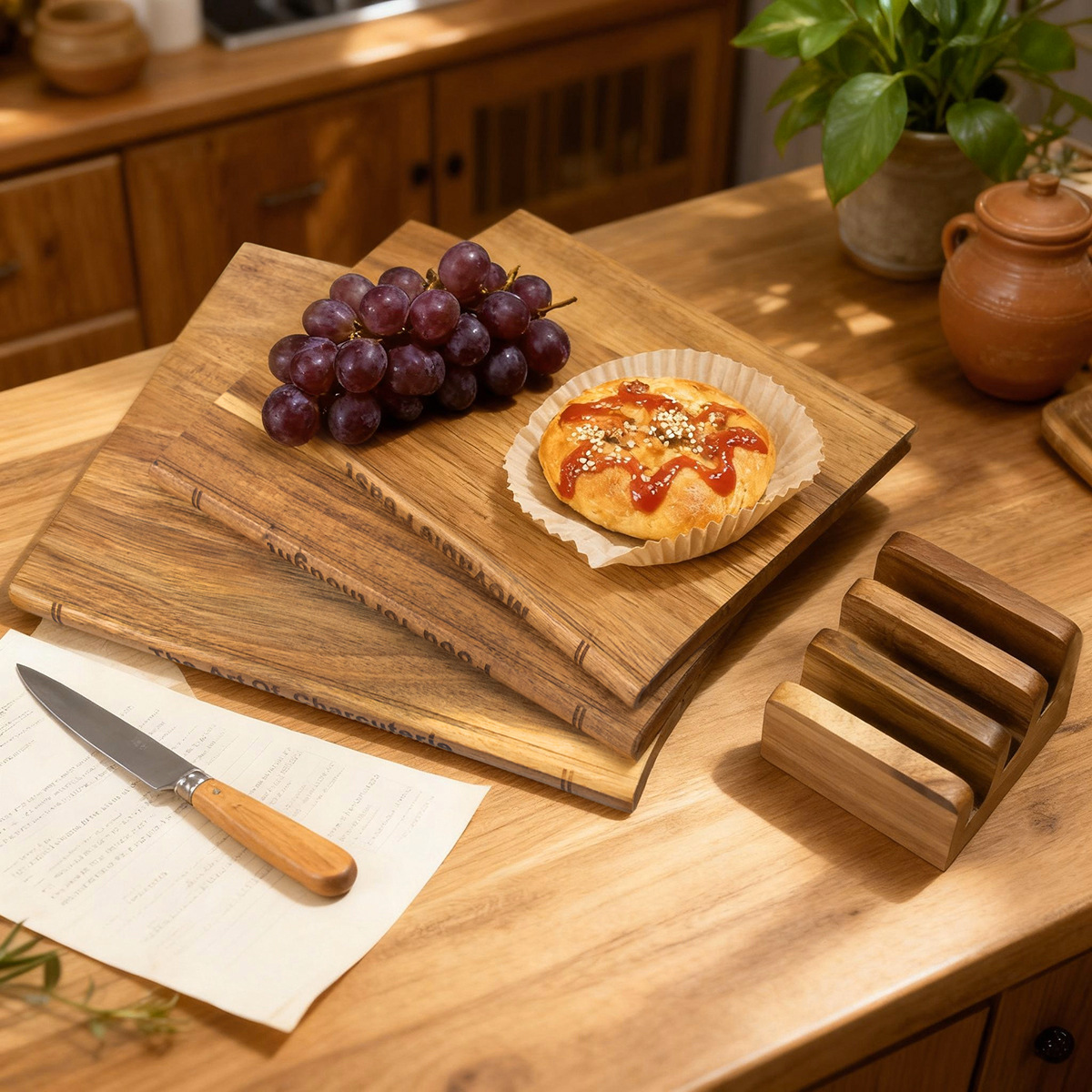 Green Forest Acacia Wood Cutting Board Kitchen Solid Wood Chopping Board Four-Piece Set with Base Antibacterial and Mold Resistant