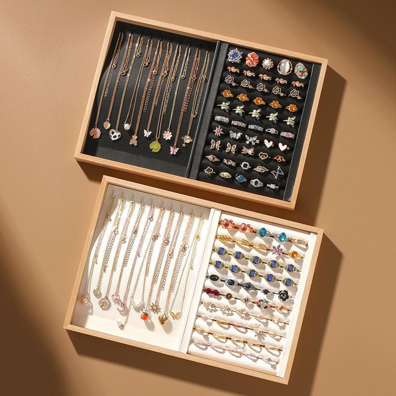 Combination bamboo and wood jewelry display trays, necklace showcase, ring storage box, gemstone accessory display stand, merchandise viewing tray