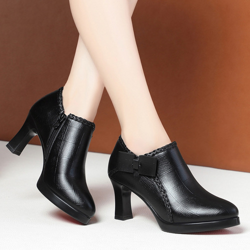 High-heeled shoes and waterproof platforms  new temperament fashion single shoes for women spring style thick heel comfortable middle-aged women's leather shoes