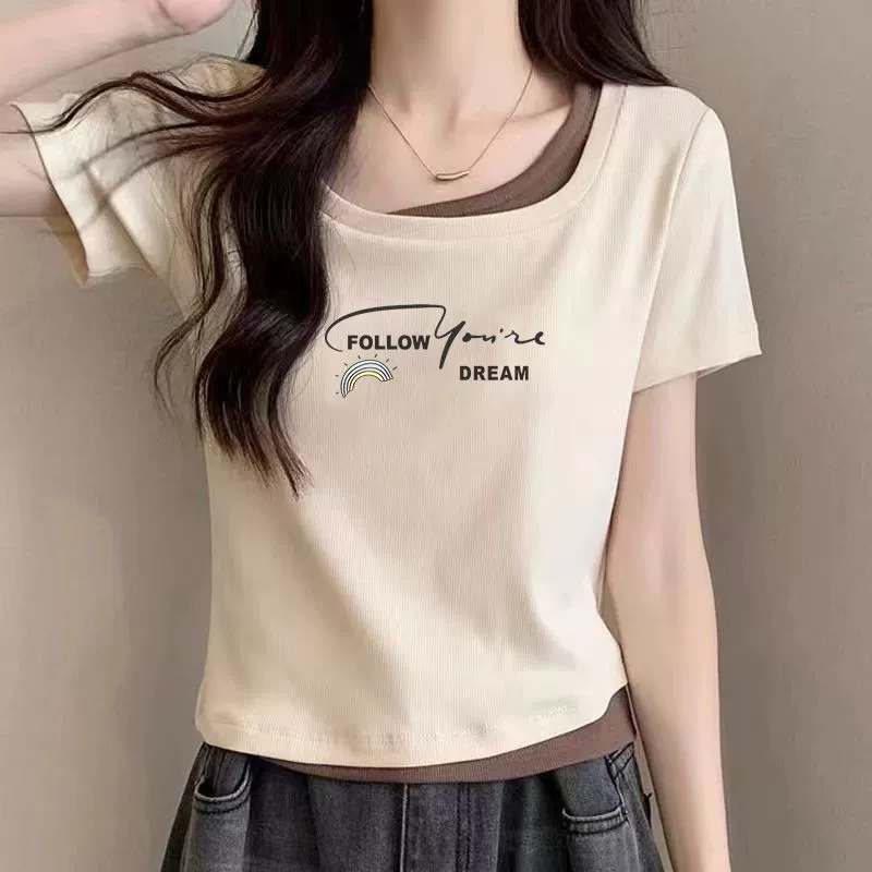 Элегантная абрикосовая футболка из двух частей с U-образным вырезом и короткими рукавами для девочек, летняя новая стильная футболка с правым плечом для похудения, топ с принтом