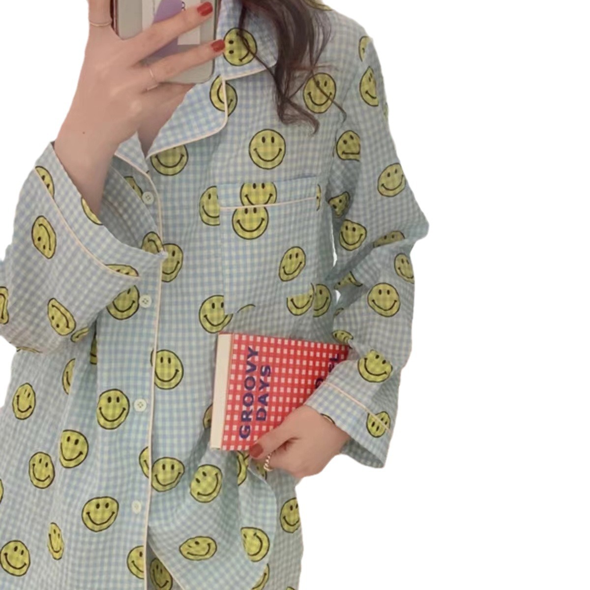 가을 새로운 웃는 얼굴 홈 옷 세트 여성의 봄 달콤한 거품 격자 무늬 외부 잠옷 인터넷 축하 라이브