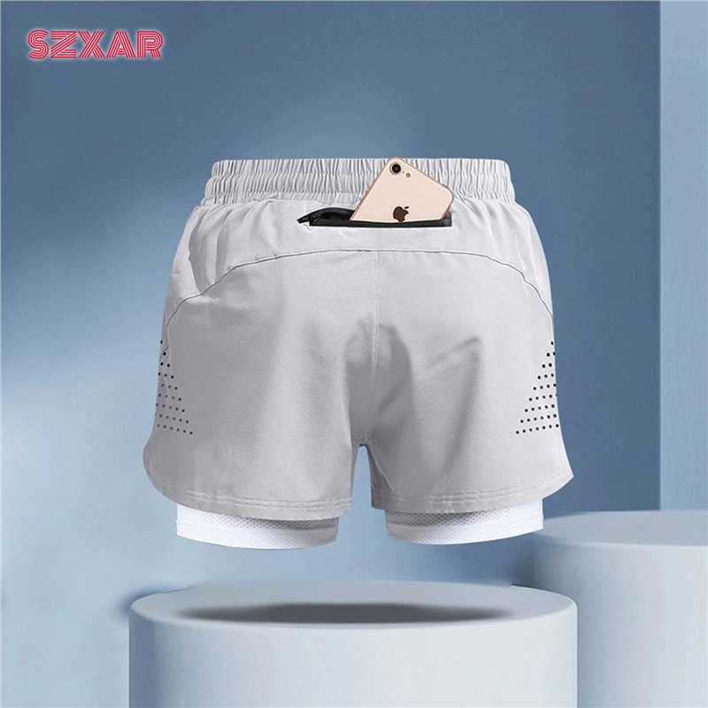 Men's Running Shorts Professional Marathon Track and Field Three-Point Shorts with Fake Two-Piece Sports Fitness Mobile Phone Zipper Pocket