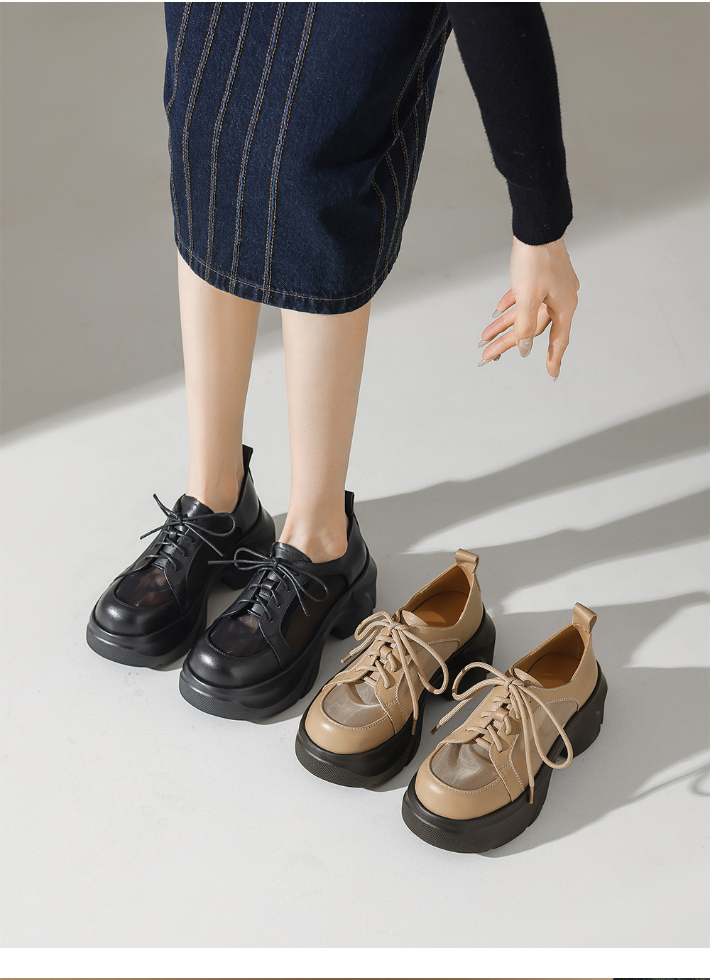 Giày lười da thật nữ cao gót buộc dây lưới đế dày gót thô — Màu đen, Màu mơ chi tiết 21