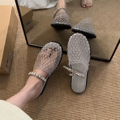ソフト底フランス水ドリルネット包頭半スリッパ女性靴は2025夏の休暇ビーチローマサンダルを履いている