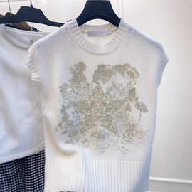 现货D家经典款小香风金线刺绣五角星羊绒毛衣女修身显瘦无袖背心