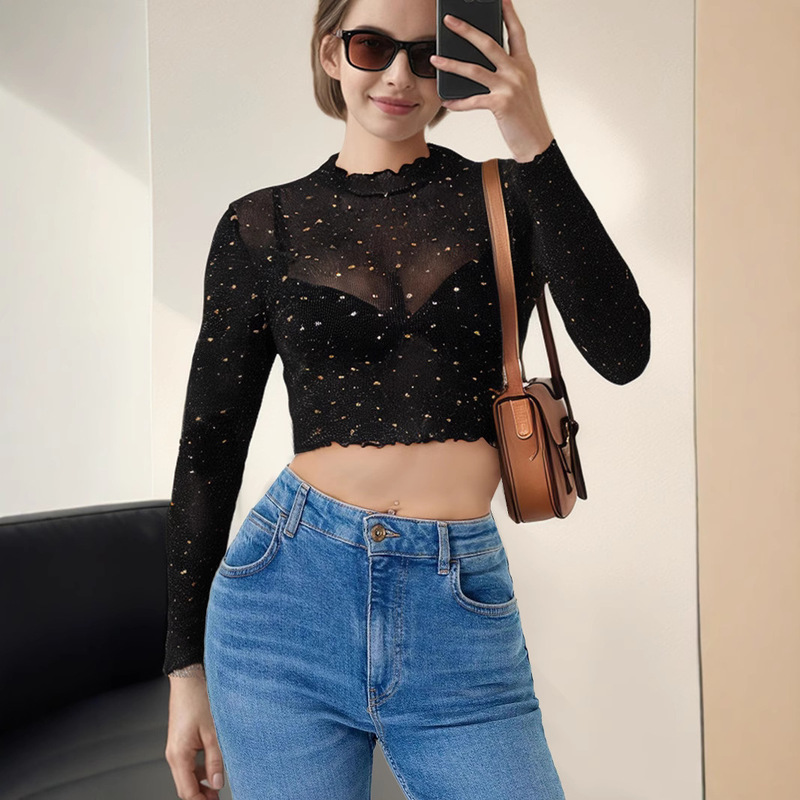 Europe and the United States cross-border 2025 spring and summer new women's small collar long sleeve mesh transparent sequin decorative T-shirt top