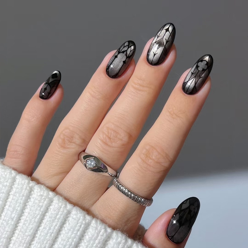 Cross-Border Wearable Nails with Black and Silver Gothic Patterns, Sweet and Cool Dark Style Nail Art, Wearable Fake Nails, Finished Pre-Made Nail Pieces Cross-Border Wearable Nails with Black and Silver Gothic Patterns, Sweet and Cool Dark Style Nail Art, Wearable Fake Nails, Finished Pre-Made Nail Pieces