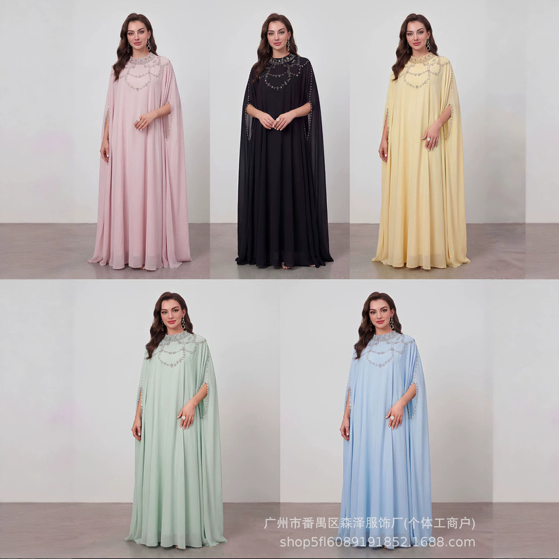 New Cross-Border Style Multi-Color Heavy-Duty Rhinestone Two-Piece Set, High-Neck Cape Sleeve Loose Long Gown Set, Dress