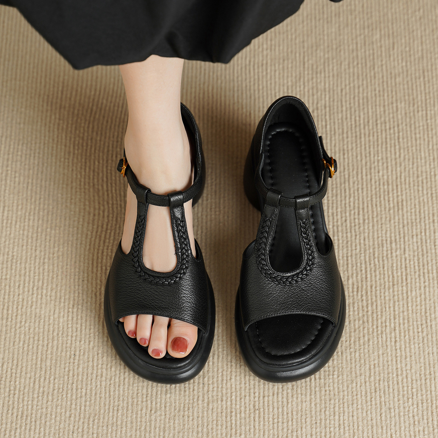 Sandal cao gót nữ quai ngang da cừu gót dày 7 cm, kiểu dáng thời trang — đen