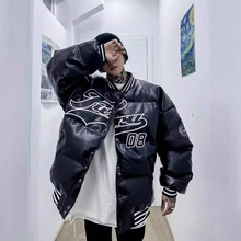 冬季嘻哈棒球服棉服男装设计感小众潮牌刺绣宽松皮面加厚棉衣外套