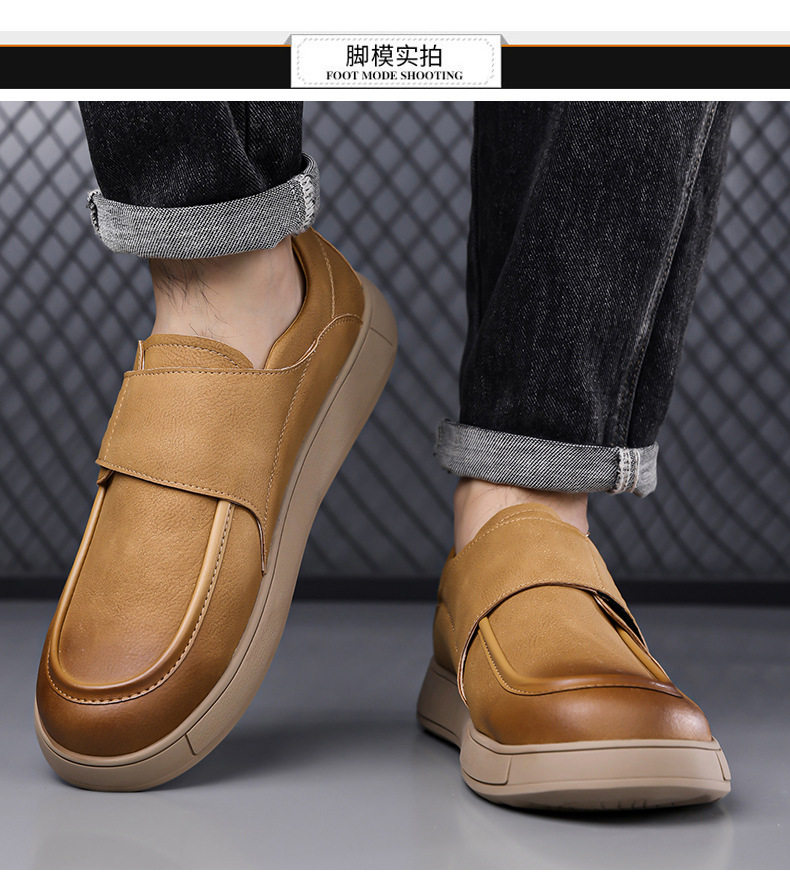 Giày lười nam da PU kiểu retro, quai dán Velcro, form rộng thoải mái, đế cao su êm chân — Màu đen, màu vàng chi tiết 15