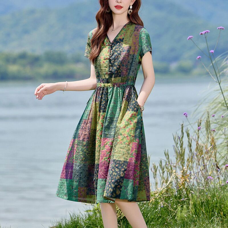 Cotton and Linen Dress Green Printed V-Neck Slim Mid-Length Skirt Summer New Casual Literary Loose Flesh-Covering Skirt