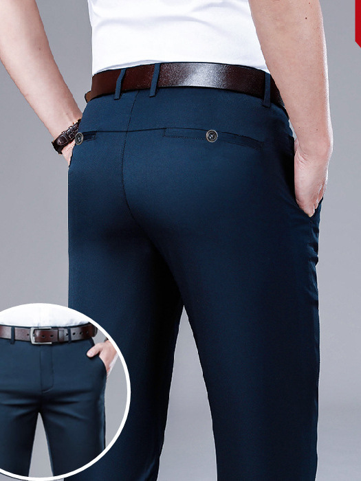 Pantalones de traje de seda de hielo de verano Pantalones casuales de los hombres de moda delgada recta ropa formal de negocios pantalones de traje sin planchar hombres