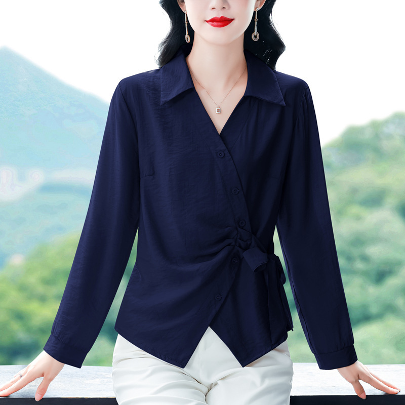 2025年秋装设计收腰女装女士上衣女遮肚子洋气打底衫别致长袖衬衣|undefined