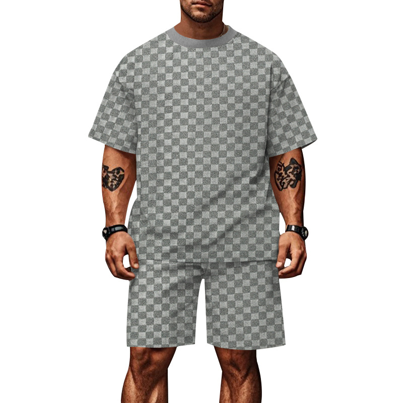 2-teiliges Herren-Set aus übergroßem T-Shirt und Shorts mit Schachbrettmuster – lässige Loungewear für Sommer und Herbst (Schwarz, Grau, Khaki, Weiß) – S-XXXL_voghion.com