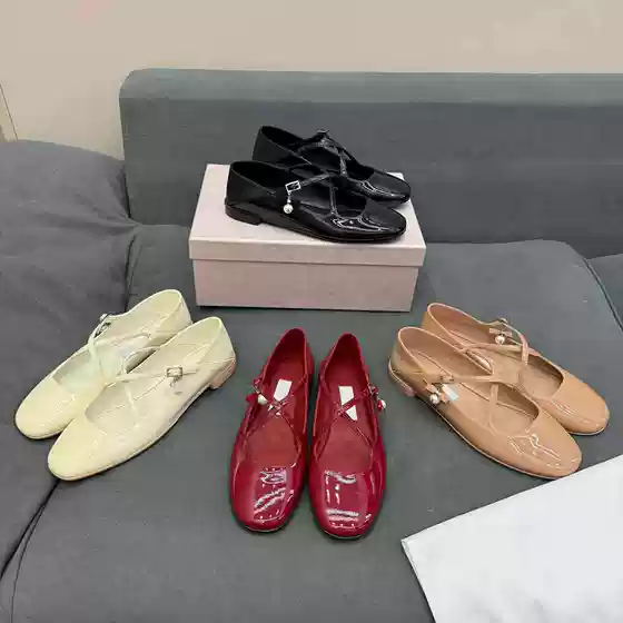 New Designer Flat Mary Jane Shoes with Cross Straps in Genuine Leather, Round Toe, Low Cut with Pearl Accents for Women