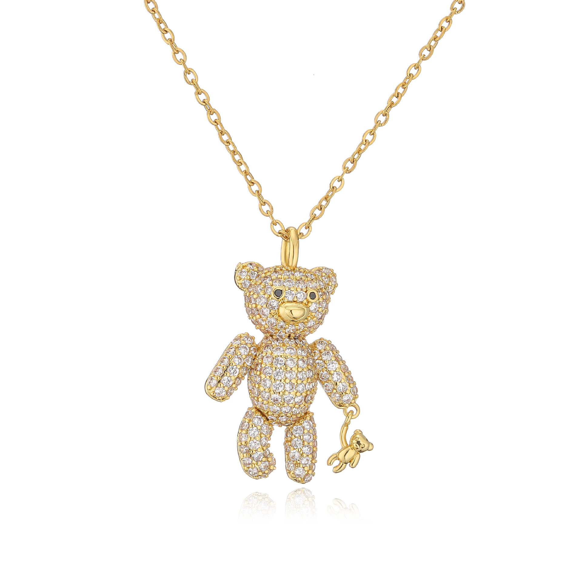 Full Diamond Bear Copper Necklace Micro Inlaid Zircon Cute Bear with Little Bear Pendant Necklace
