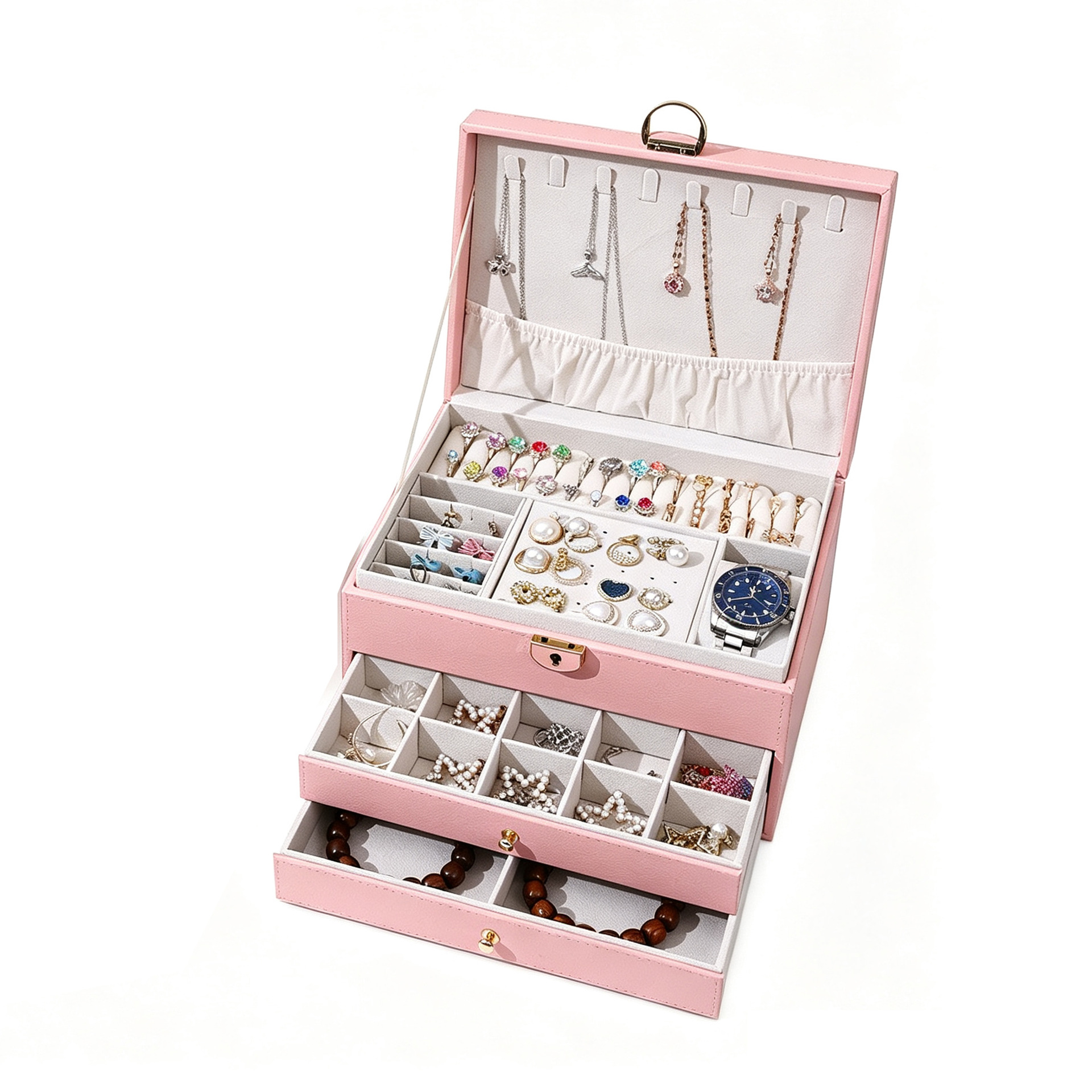 Caja de joyería de diamante de gran capacidad multifuncional, collar, anillo, caja de almacenamiento de joyas, caja de joyería anti-oxidación de tres capas