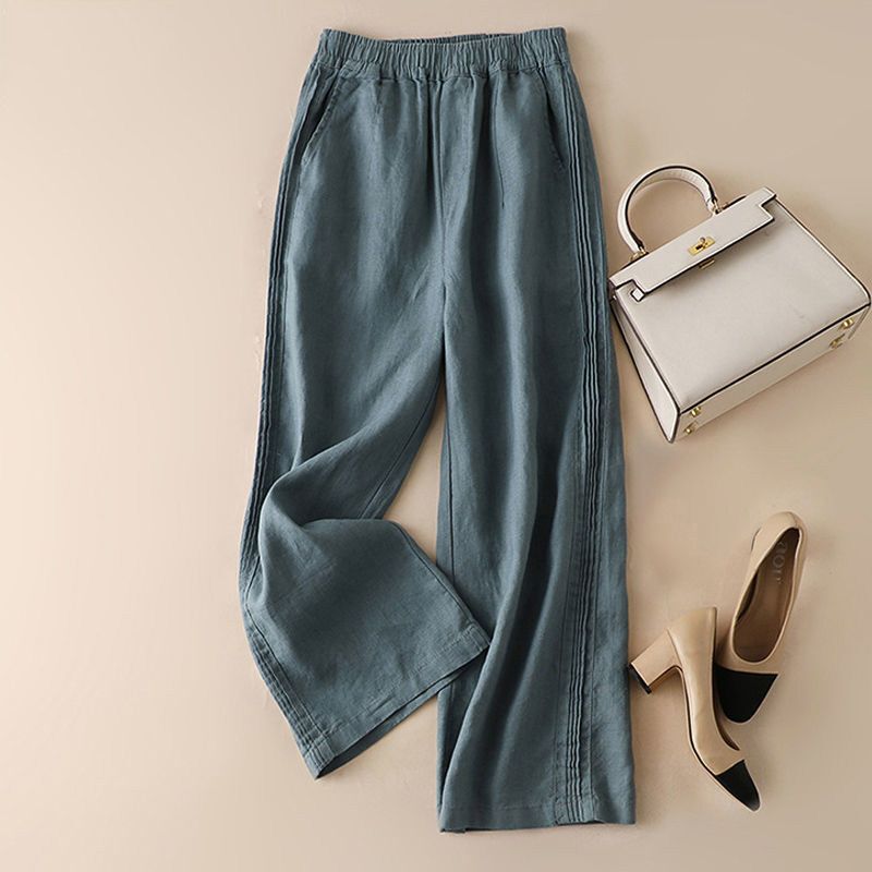 Women's Cotton Wide-Leg Pants, Spring and Summer Thin Style, Korean Version, Side Pleated, High-Waisted, Drapey Straight-Leg Casual Pants
