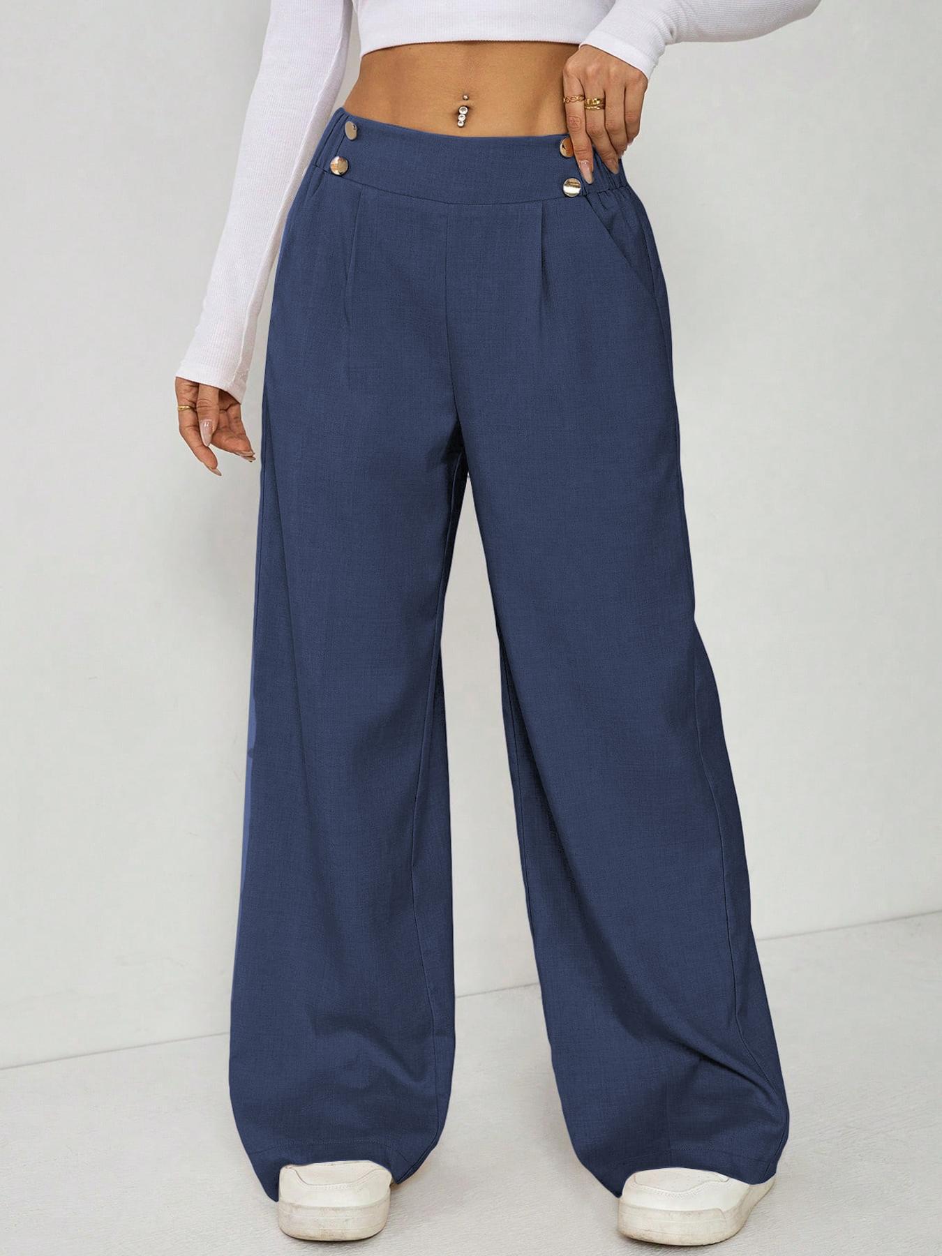 Women's Wide Leg Straight Leg Trousers Casual Fashion European American Style Button Decoration Commuting Pants_ecoleips.com