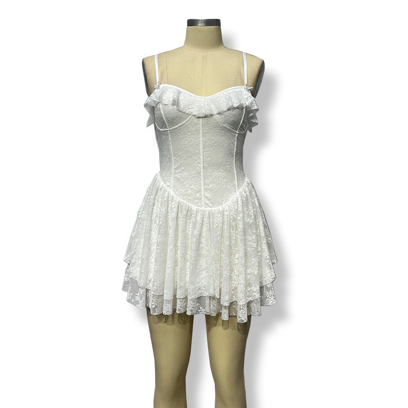 Comercio exterior Europa y los Estados Unidos primavera nueva eslingas de lótus borde de encaje vestido corto de moda correa delgada vestido sexy mujer