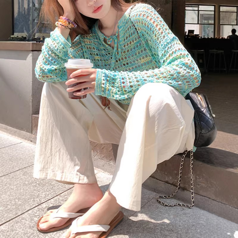 리와이 여성 여름 시스루 펀칭 니트 커버업 긴팔 루즈핏 브이넥 자외선 차