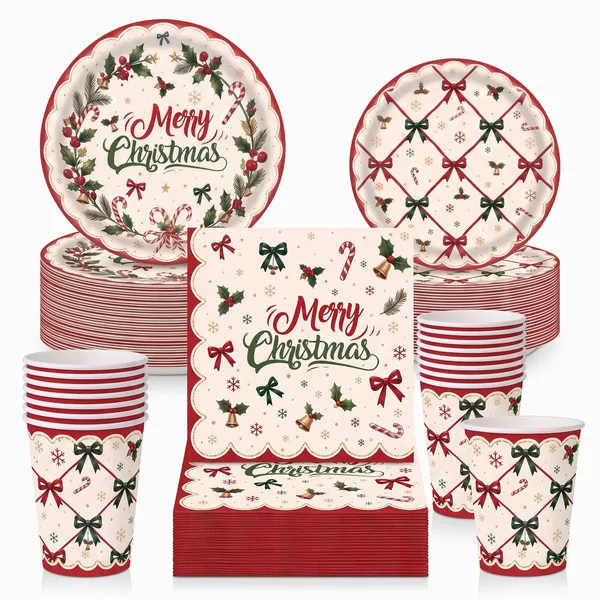 Bowknot Holly Christmas Party Set Merry Christmas Disposable Paper Plates Paper Cups Napkins Tableware