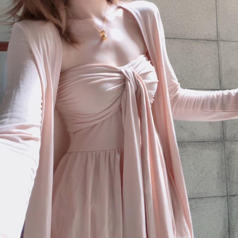 慵懒宽松粉色长袖防晒开衫女夏季套装纯欲飘带抹胸背心上衣两件套|undefined