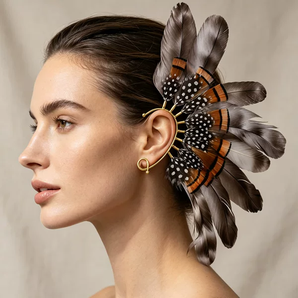 Cross-border new feather earrings, featuring an ethnic Indian tribal design, in brown, suitable for stage performances