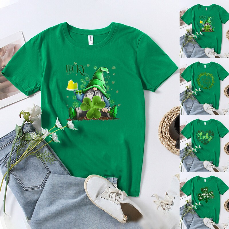 St Patrick's Day T-shirt supply trend short sleeve wholesale Clover lucky old dwarf printed top wholesale