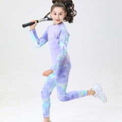 European and American AliExpress girls' yoga wear printed spliced long-sleeved sports fitness running training breathable quick-drying set 