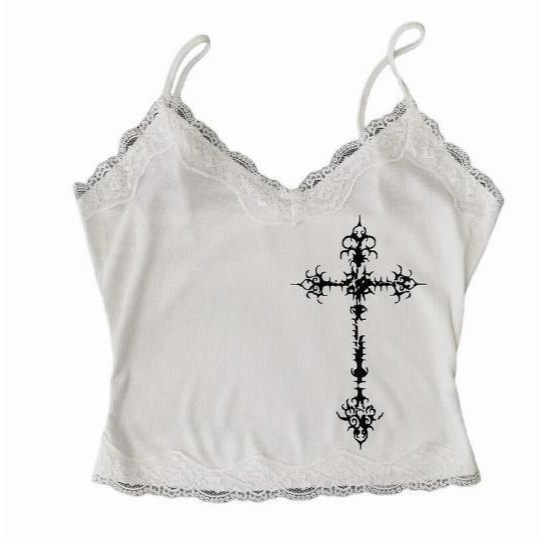 Cross-border New Cross Small Vest Gothic Punk Print Lace dress Top Fashion Sexy