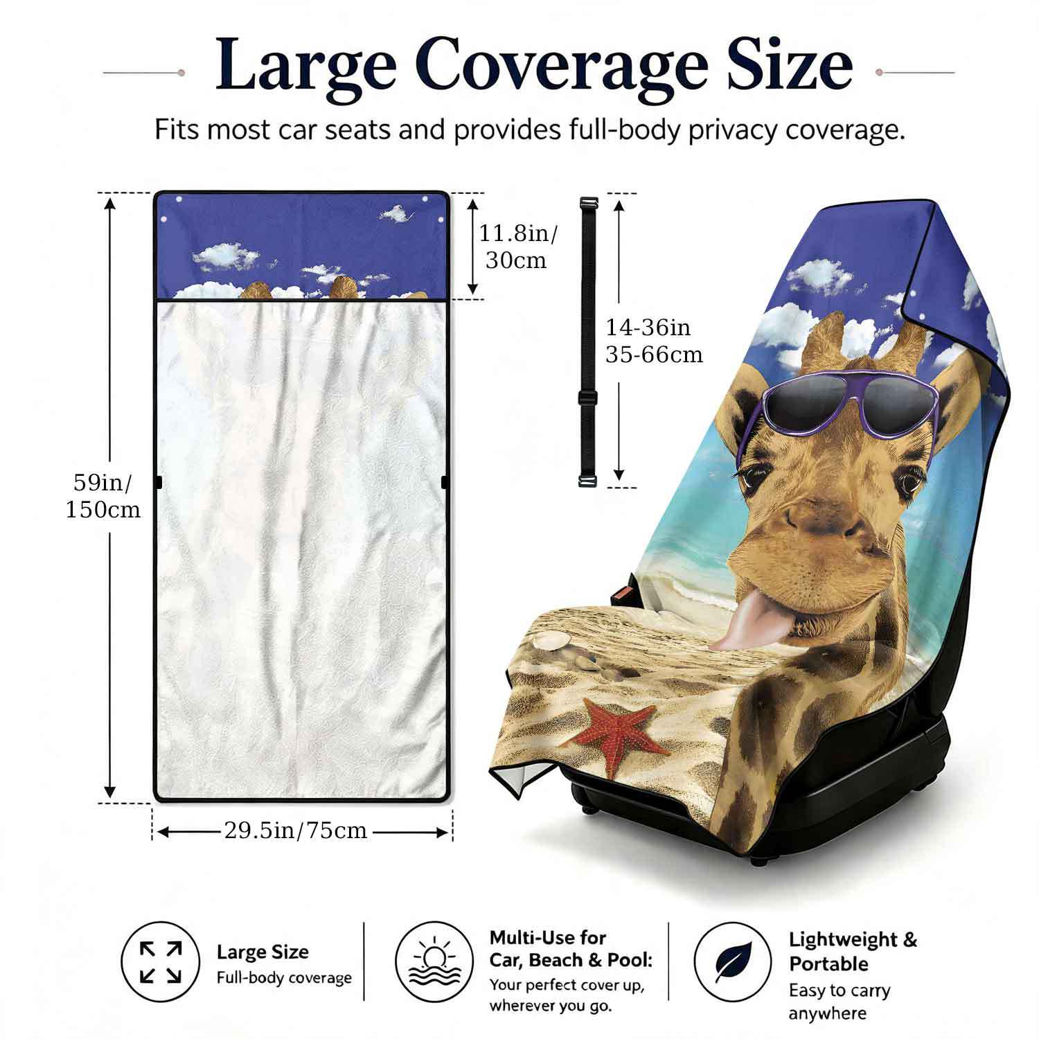 Printed bath towel and car seat cover 2-in-1, ultra-fine fiber outdoor beach and car dual-use universal seat cushion