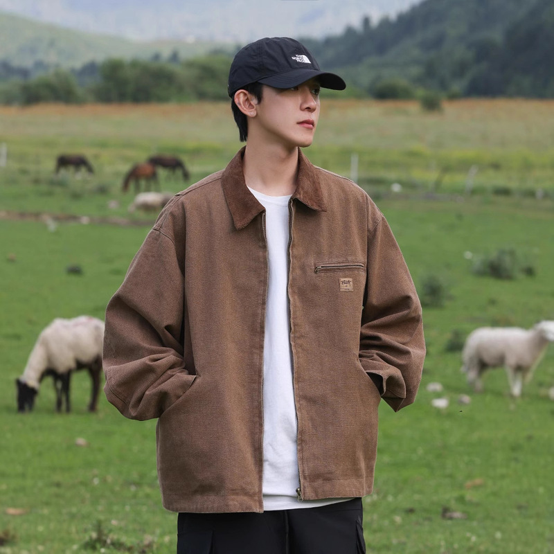 Men's Autumn and Winter American Retro Carhartt Baseball Jacket Street Fashion Loose Turn-Down Collar Workwear Jacket Coat