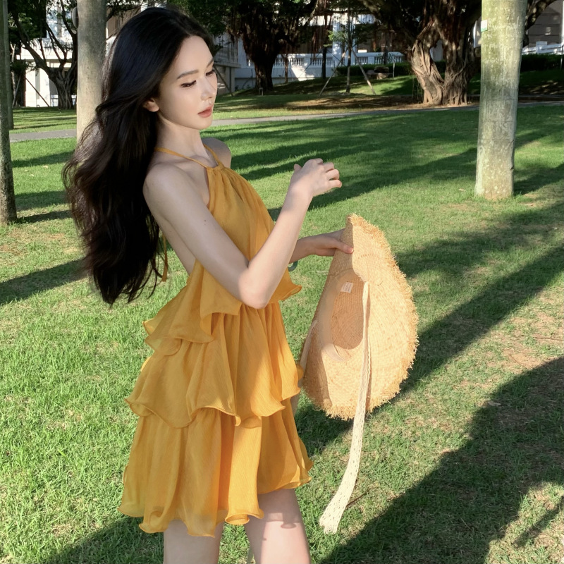 2025 California Sunset Vacation Romantic Dress Multi-Layered Lotus Leaf Bright Silk Short Skirt Mini Dress