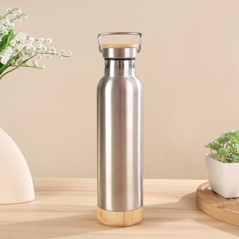 American 304 taza de acero inoxidable de bambú y madera gran boca botella de agua deportiva portátil al aire libre botella espacial de montaña