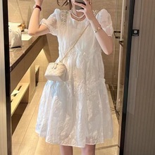 重工钉钻泡泡袖白色连衣裙夏法式甜美仙女宽松高腰娃娃裙气质高端