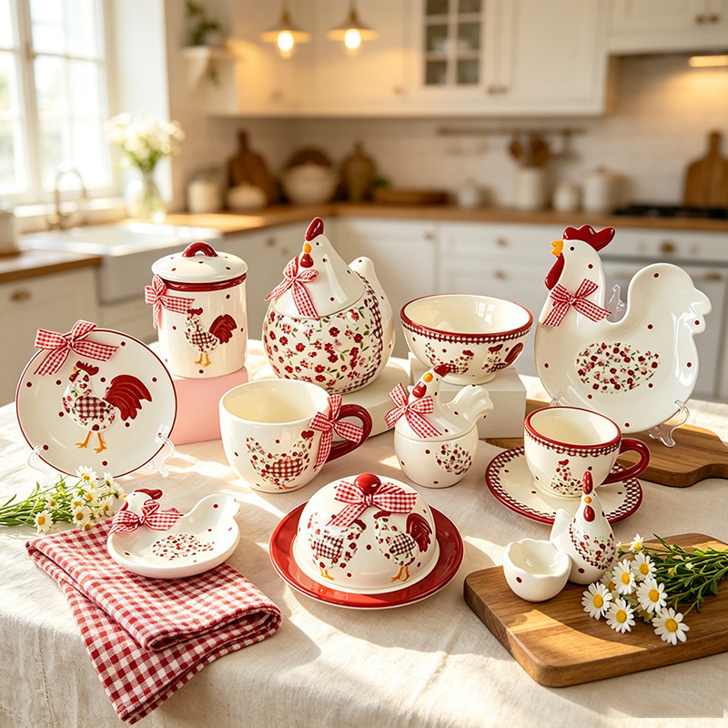 Foreign Trade Wholesale Ceramic Easter Rooster Bow-Tie Painted Bowls, Plates, Cups, and Complete Tableware Sets Exclusively for Cross-Border Supply