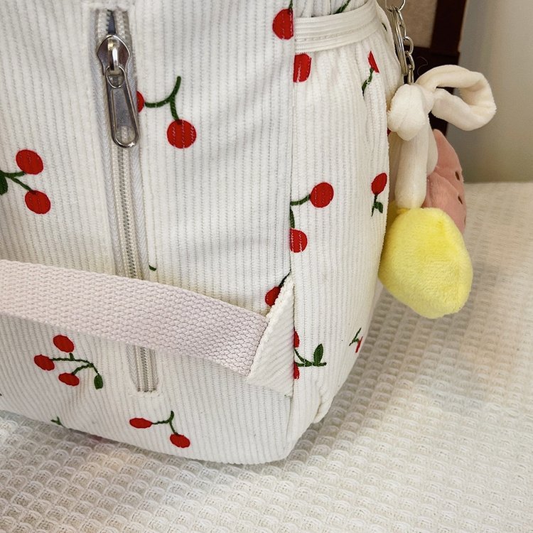1197g Weight Polyester Lining Material Zipper Closure Type Double Shoulder Straps Strap Type Casual, School, Daily Occasion Corduroy Material Back To School Festival School Backpack Backpack Cherry Pattern All Seasons Season Women's Gender Cute Style Shell Shape Cherry Casual School Daily School Backpack 44