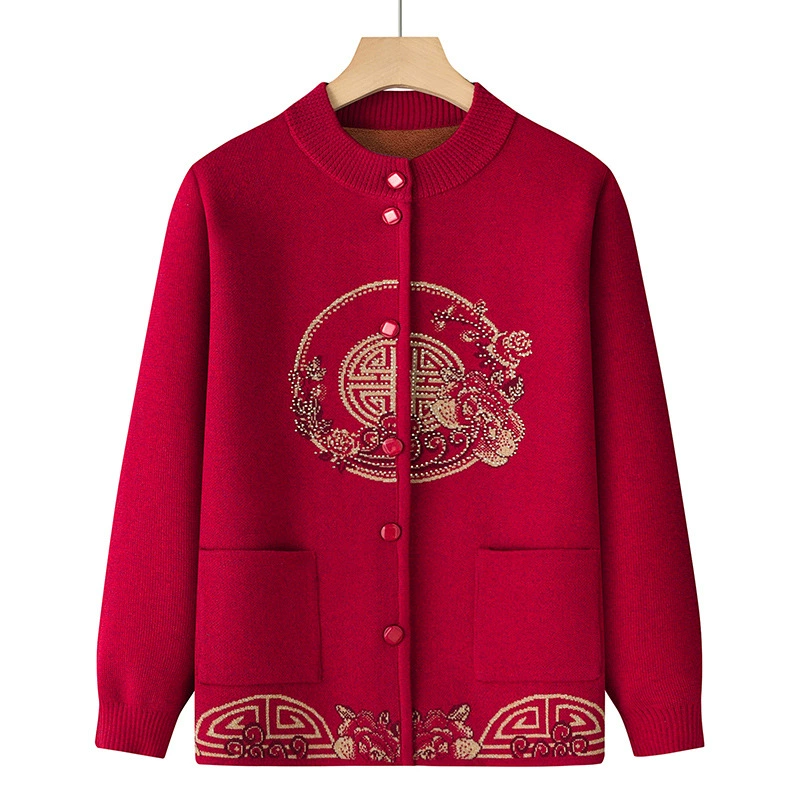 Зимние пальто для женщин среднего и старшего возраста, праздничная новая одежда в стиле Тан, теплые свитера на флисовой подкладке, осенние кардиганы для мам.