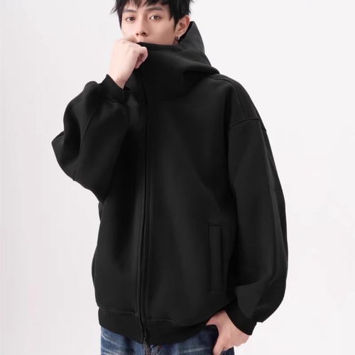 Vintage American-style solid-color large hat open sweater hoodie for men, autumn and winter loose and versatile wide-body double zipper coat, trendy