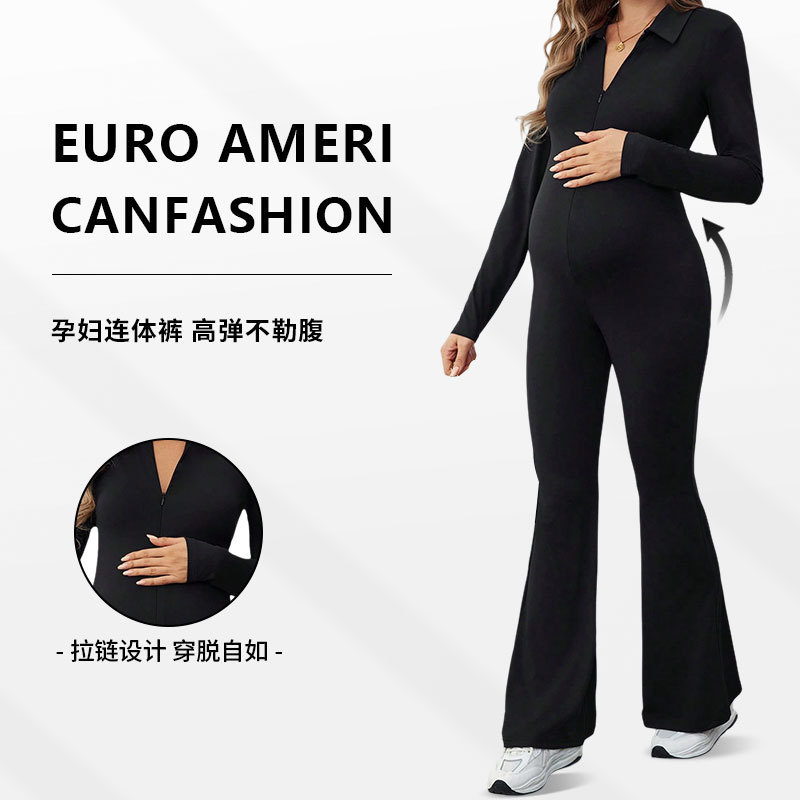ヨーロッパとアメリカのクロスボーダー2025秋新作妊婦用スリムでファッショナブルな腹部サポートとヒップアップジッパー付きVネックジャンプスーツ|undefined