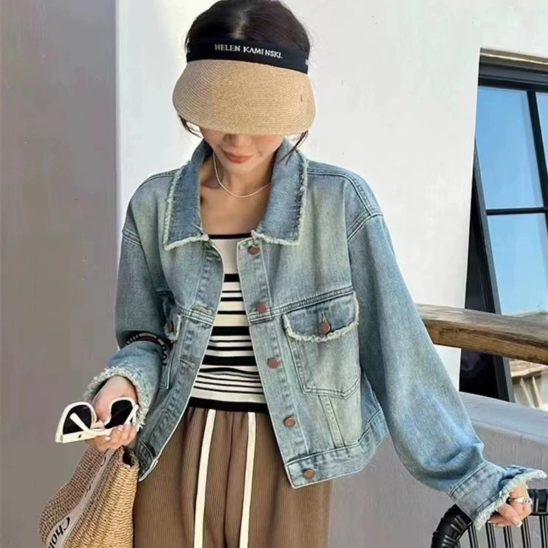 Ретро рваная модная свободная короткая куртка для похудения пальто модное джинсовое пальто в стиле Шанель с потертыми краями для женщин Весна