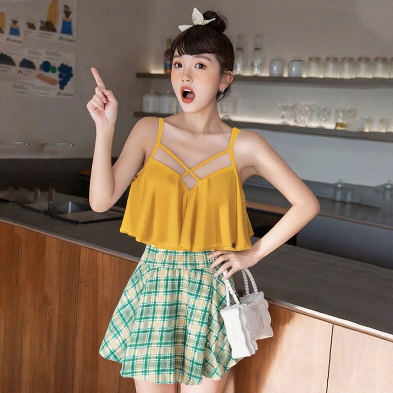 Traje de baño conservador dividido de dos piezas vacaciones de verano poliéster nueva moda sexy delgada falda adelgazante traje de baño para mujeres