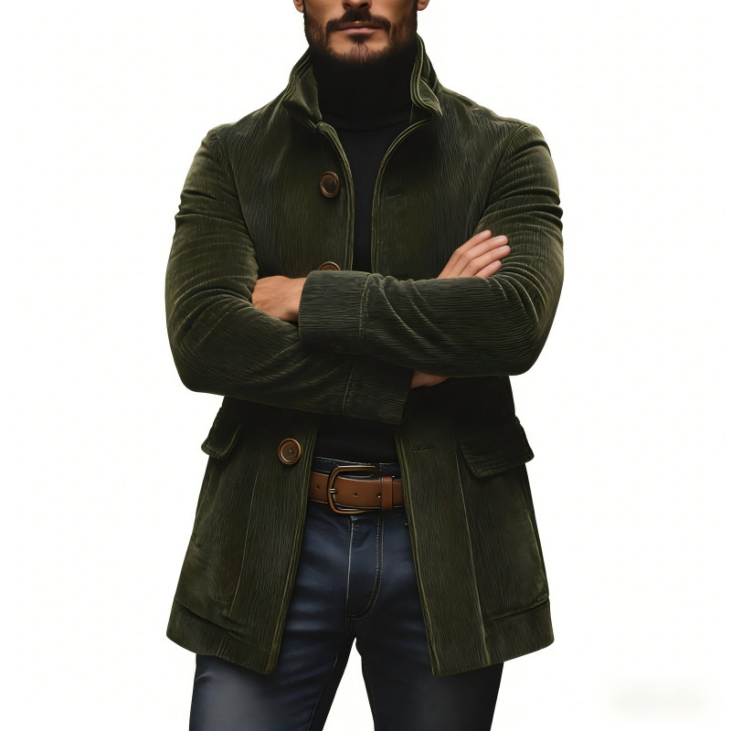 2025 European and American Cross-Border Pocket Button Solid Color Cardigan Suit Men's Spring and Autumn Stand Collar Jacket Coat