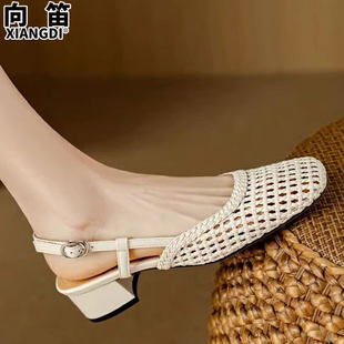 Sheepskin version thick heel sandals for women 2025 new summer woven hollow French Mary Jane shoes Roman women's shoes