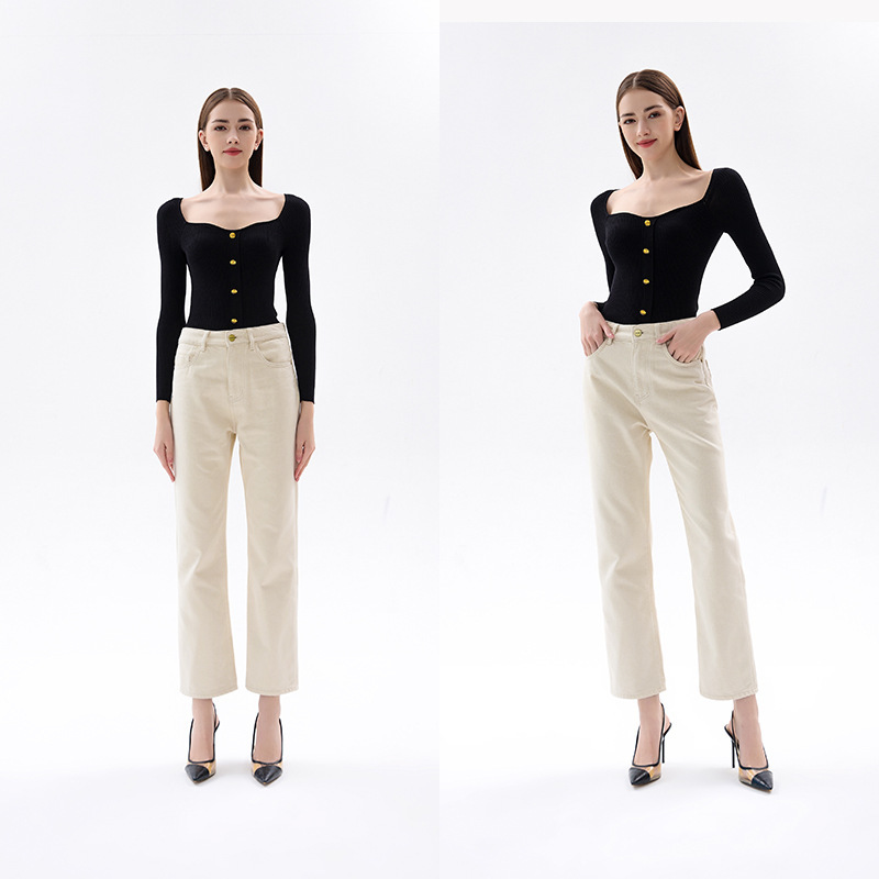 24 Autumn/Winter Fd Special Velvet Thickened Off-White Comfortable High-Waisted Straight-Leg Full-Length Jeans for Women That Don'T Restrict Leg Shape