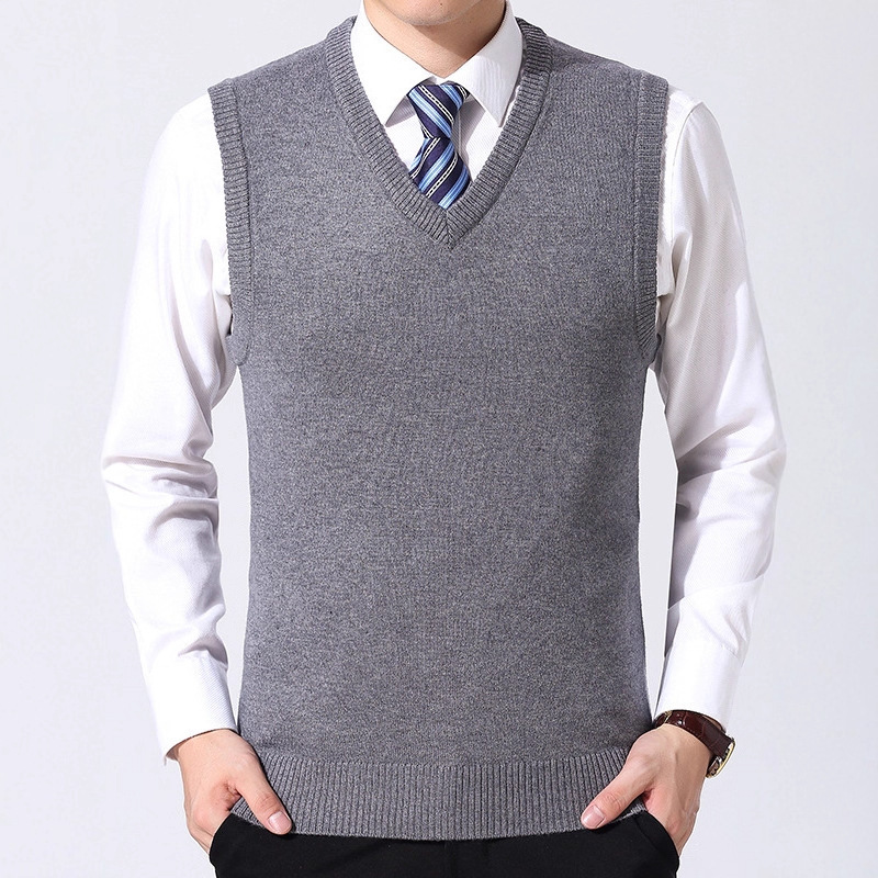 Wool Sweater V-Neck Vest Autum Knitted Sweater Vest Pure Color Middle-Aged Men's Casual Bottoming Shirt Sleeveless Top for Men