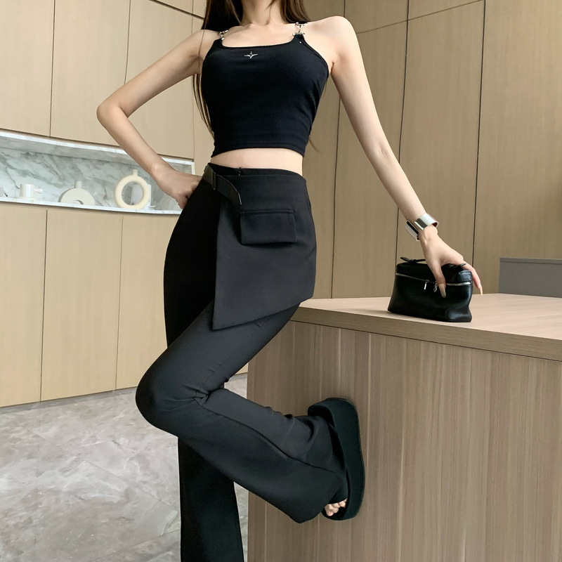 黑色高腰垂感微喇裤女2024春季新款围裙式假两件裤裙显瘦喇叭长裤